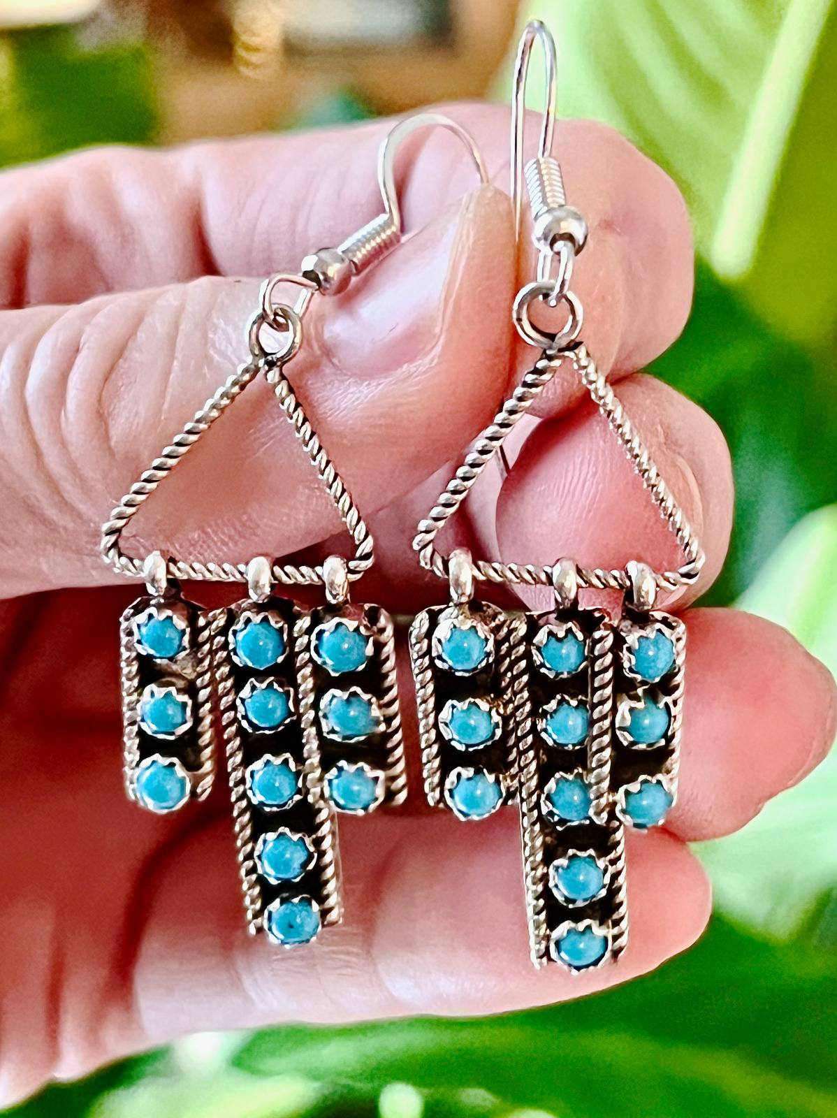 Adorable Navajo Sterling Silver and Turquoise Three Bar Dangle Earrings