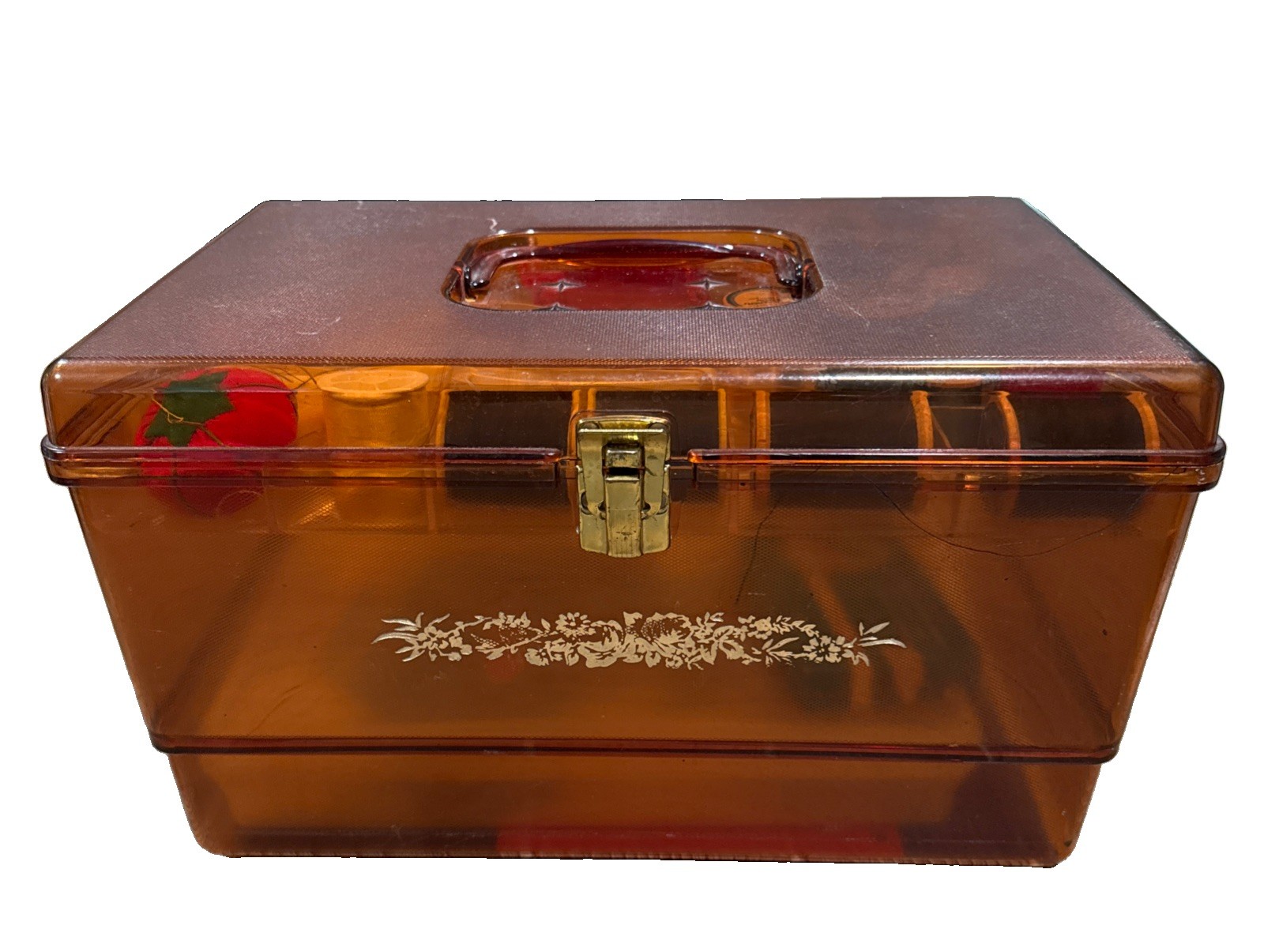 Vintage Wil-Hold Amber Sewing Box MCM Organizer Case & Woolworth Needle Book Lot Vintage Wil-Hold Amber Sewing Box MCM Organizer Case & Woolworth Needle Book Lot