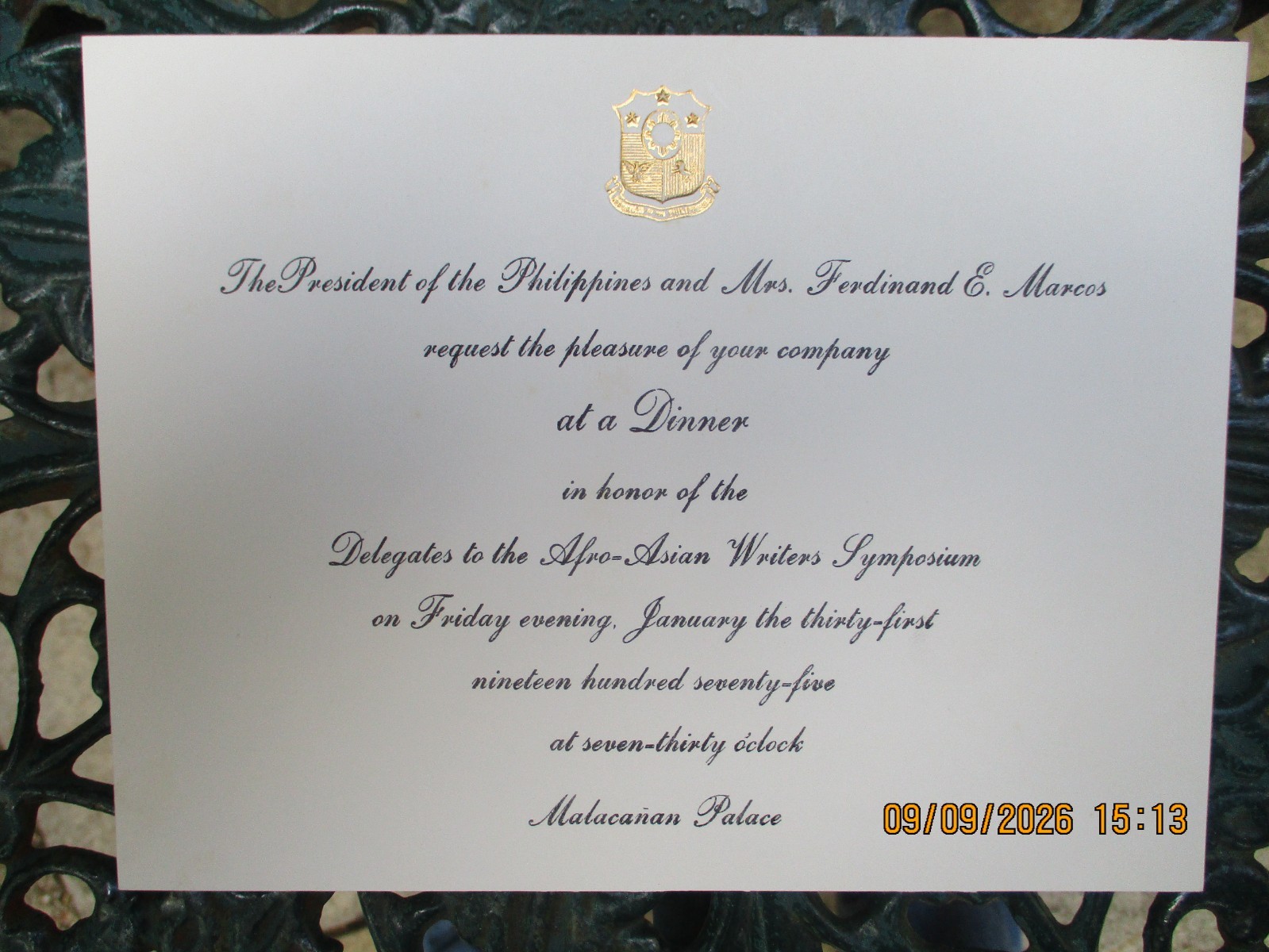 Ferdinand & Imelda Marcos,  Philippine Presidential Dinner Invitation, Jan 1975