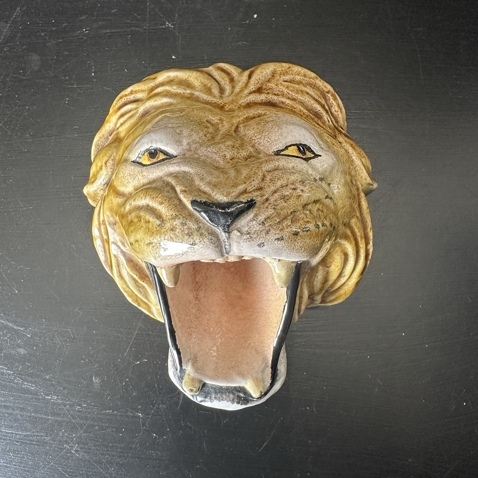 Roaring Lion Head Wall Mount Vtg Ceramic Plaque Chalkware Majestic Decor MCM
