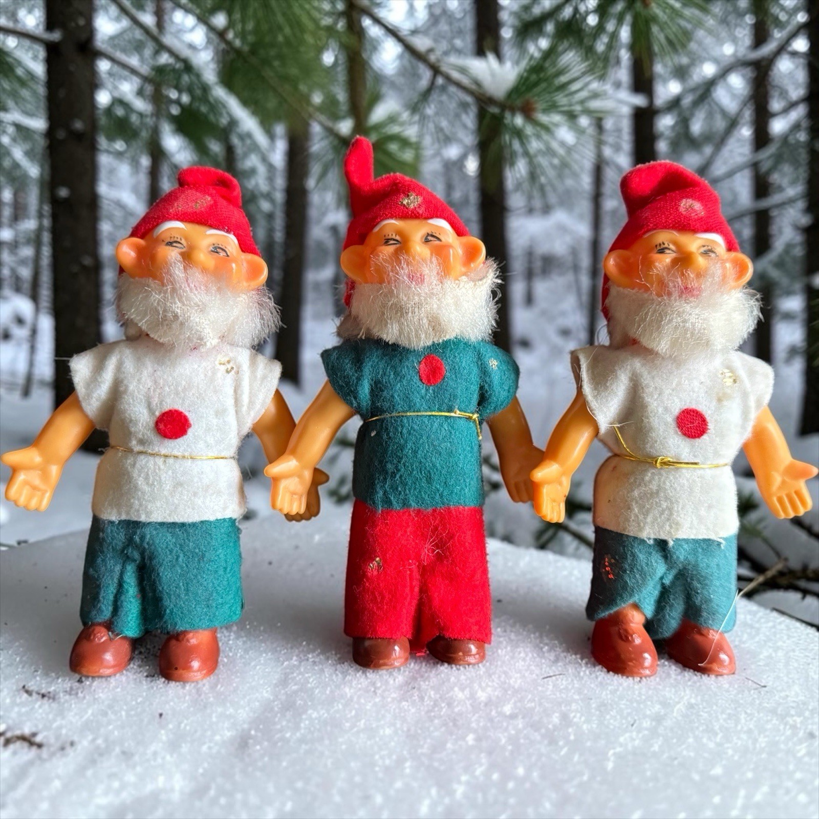 3 Vintage Gnomes-Dwarfs-Elves Figurines Felt Clothes Hard Plastic 5”