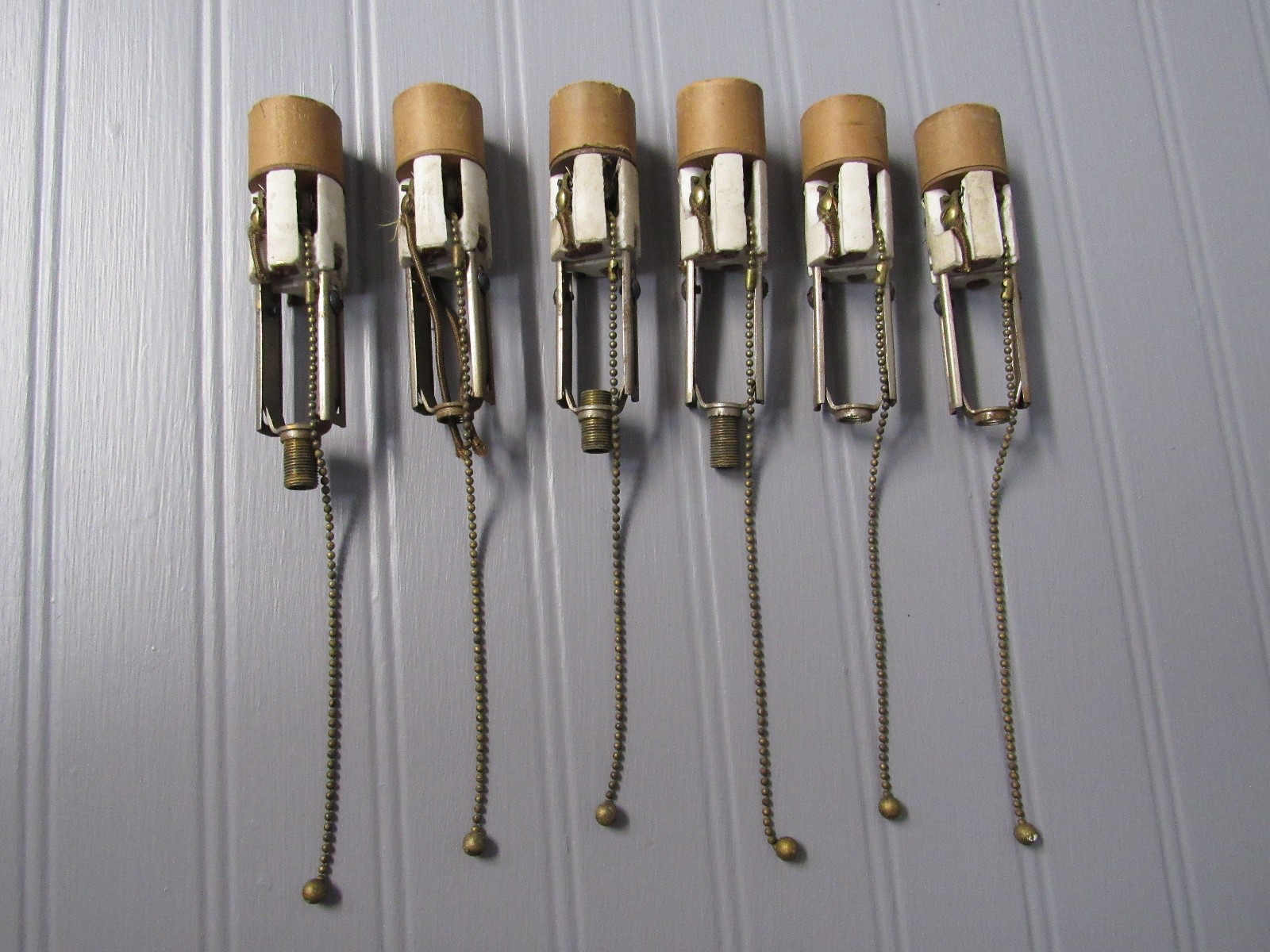 SIX (6) Antique Candelabra Sockets with Pull Chains-Working- E-26 Base
