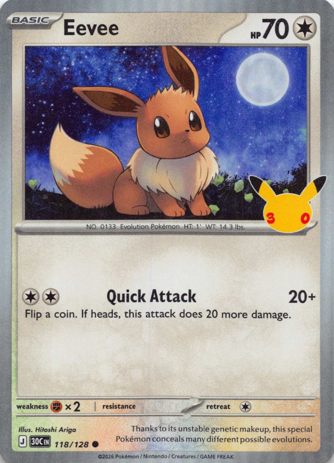Eevee 118/128 Holo 30th Anniversary NM