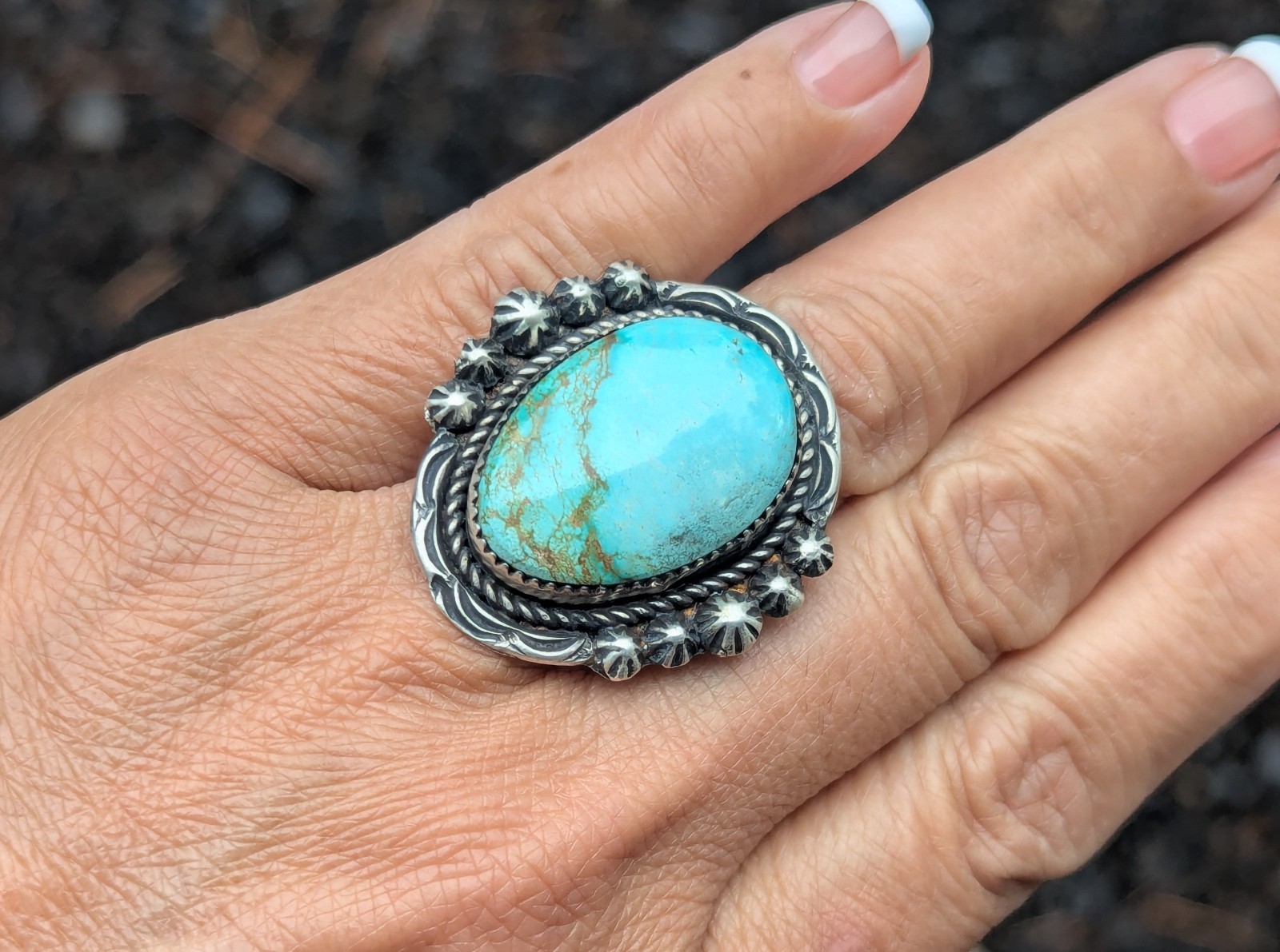 Navajo Ring Sonoran Turquoise Signed R. Yazzie Native American Handmade size 7.5 Navajo Ring Sonoran Turquoise Signed R. Yazzie Native American Handmade size 7.5