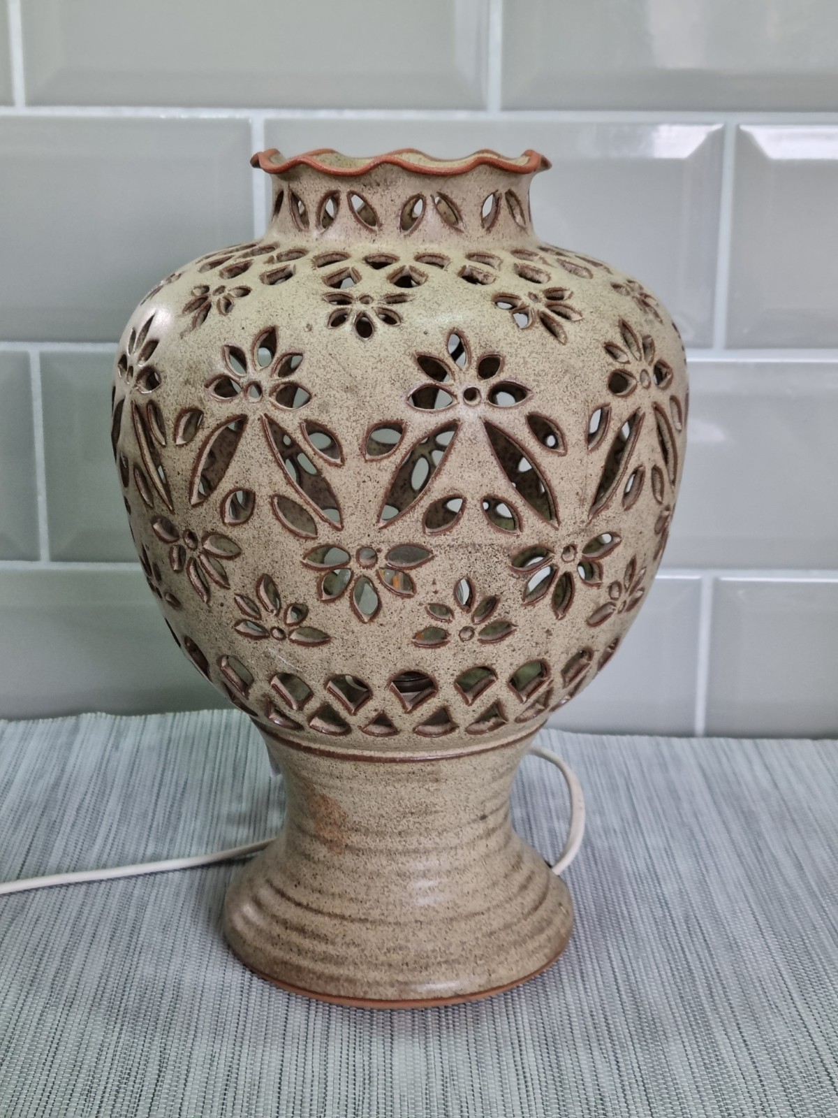 Vintage Studio Pottery Lamp Pierced Ginger Jar Shaped Stoneware 11