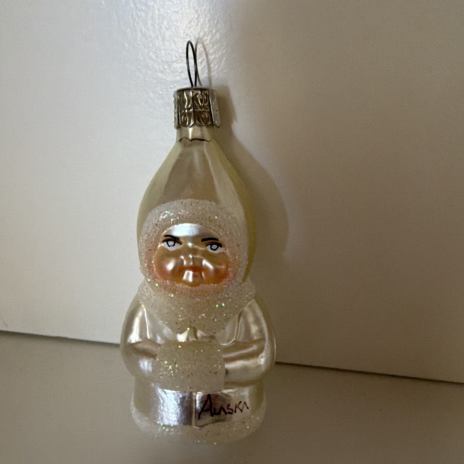 Vintage Alaska Glass Eskimo/Inuit Christmas Ornament White Glitter