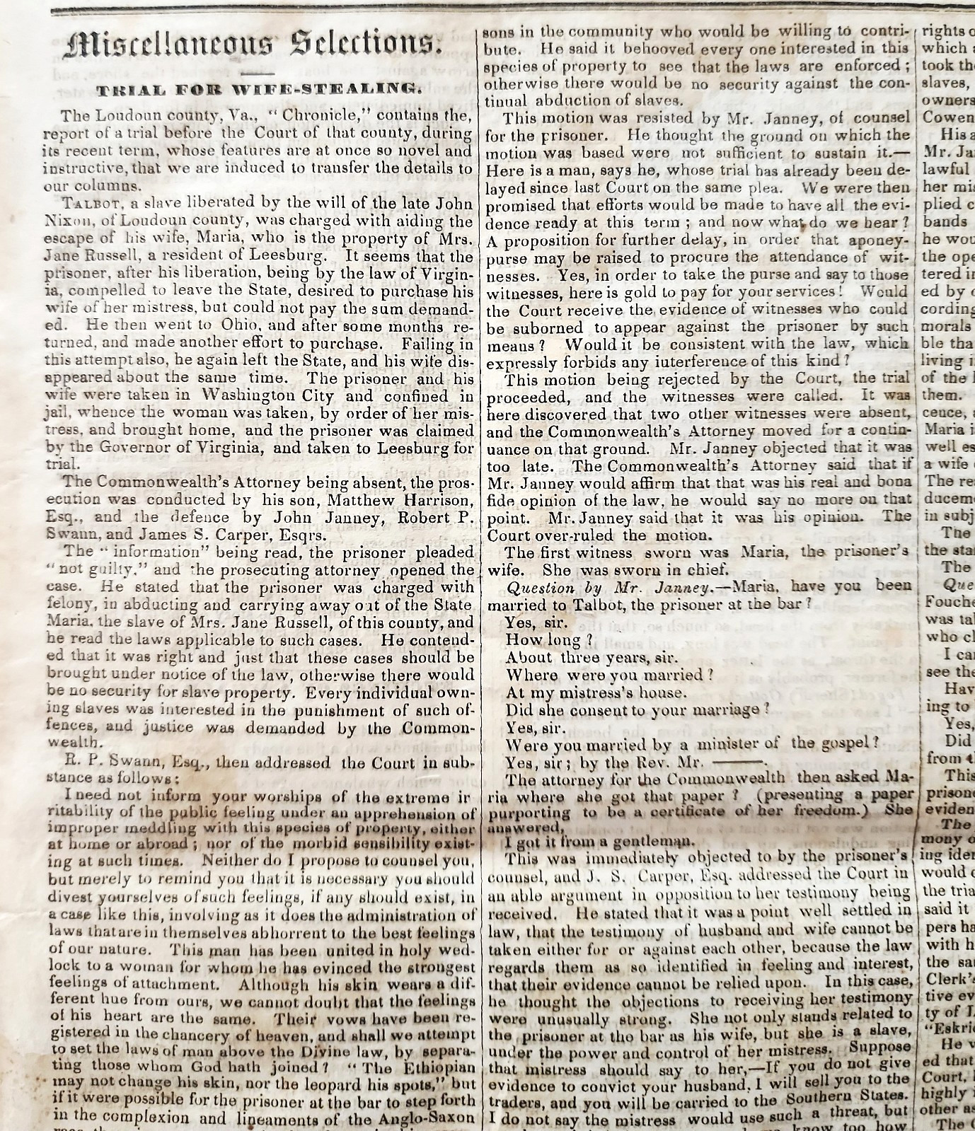 1847 Virginia Emancipation Marriage Freedom Trial Wife Stealing History Article