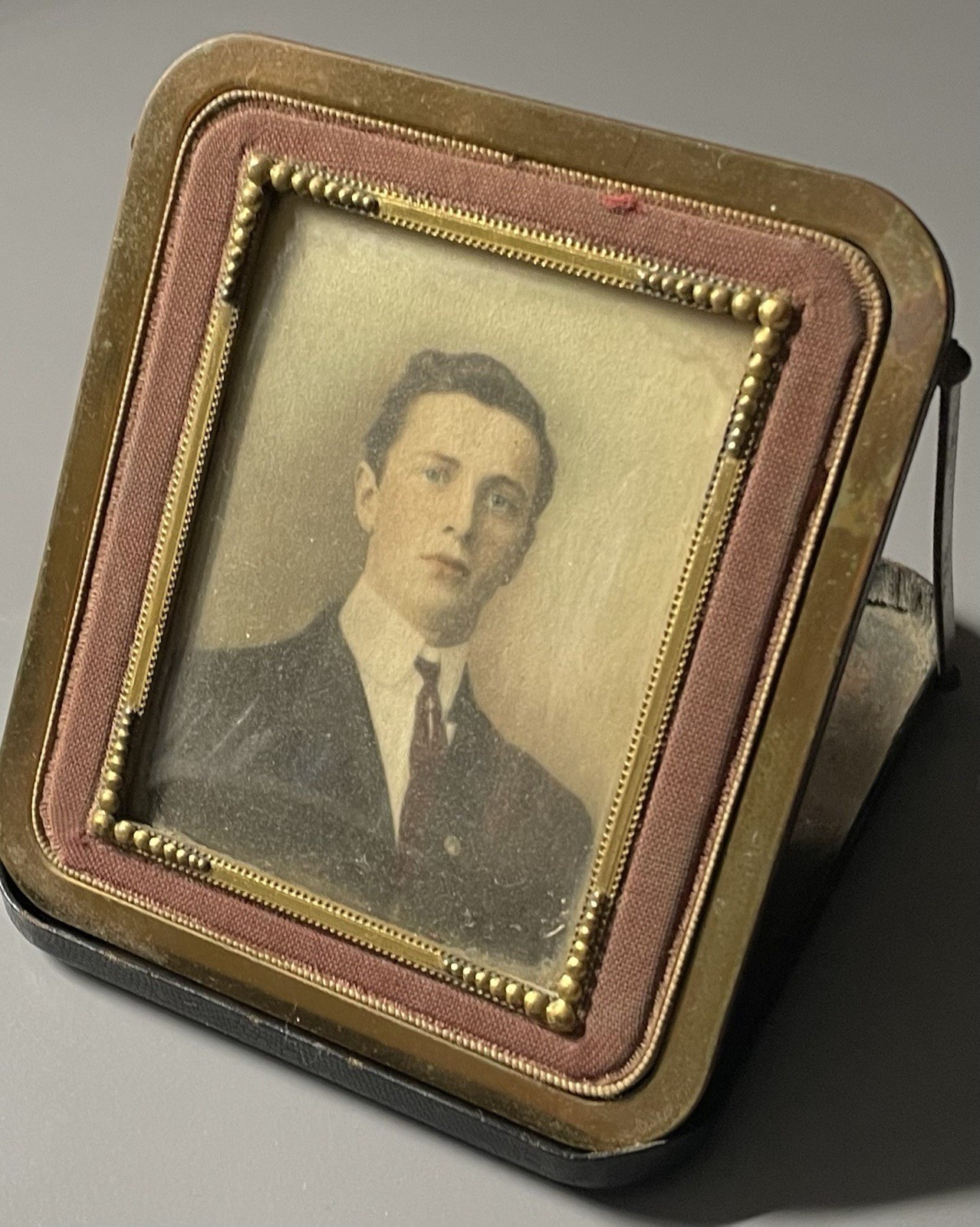 Antique Edwardian Hand Tinted Portrait Young Man Easel Frame Early 1900s