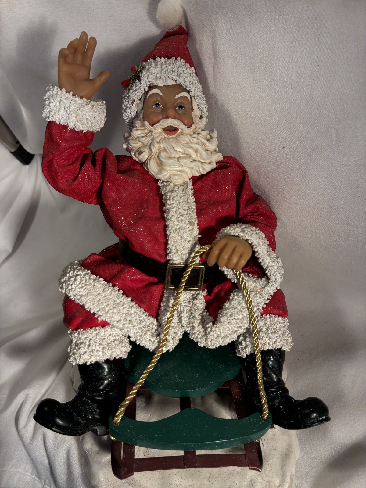 Clothtique Possible Dreams Santa's Snow Day Riding Sled And Waving On Heavy Base