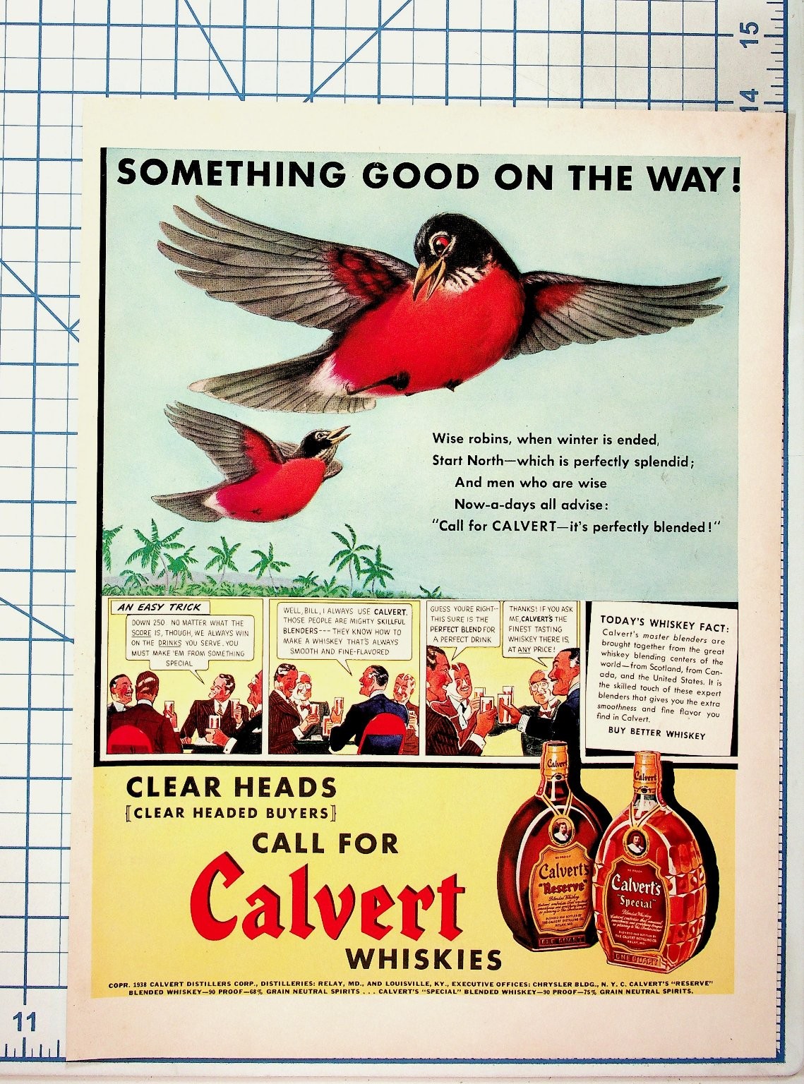 1938 Calvert Whiskey Ad Robins Print Vintage Liquor Bar Man Cave Decor 1938 Calvert Whiskey Ad Robins Print Vintage Liquor Bar Man Cave Decor