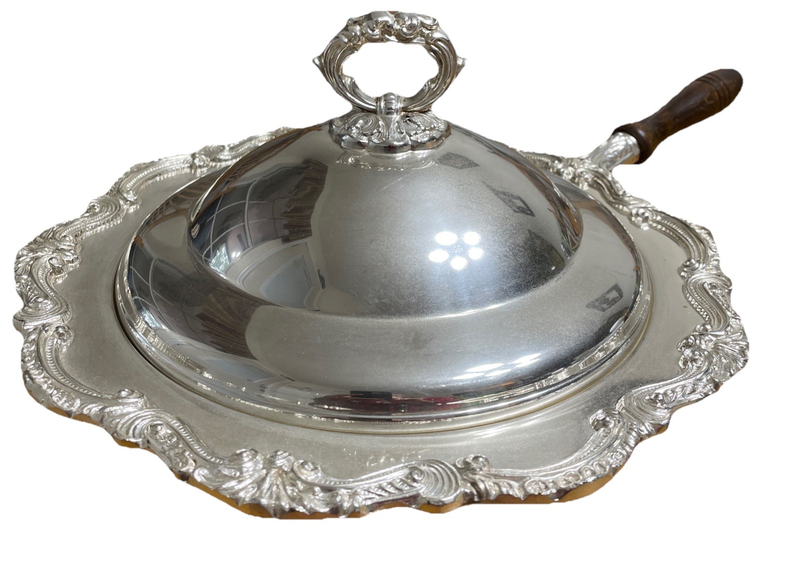 Vintage Silver Plated Chafing Dish Towle Ornate w/Lid Wood Handle Storage bag