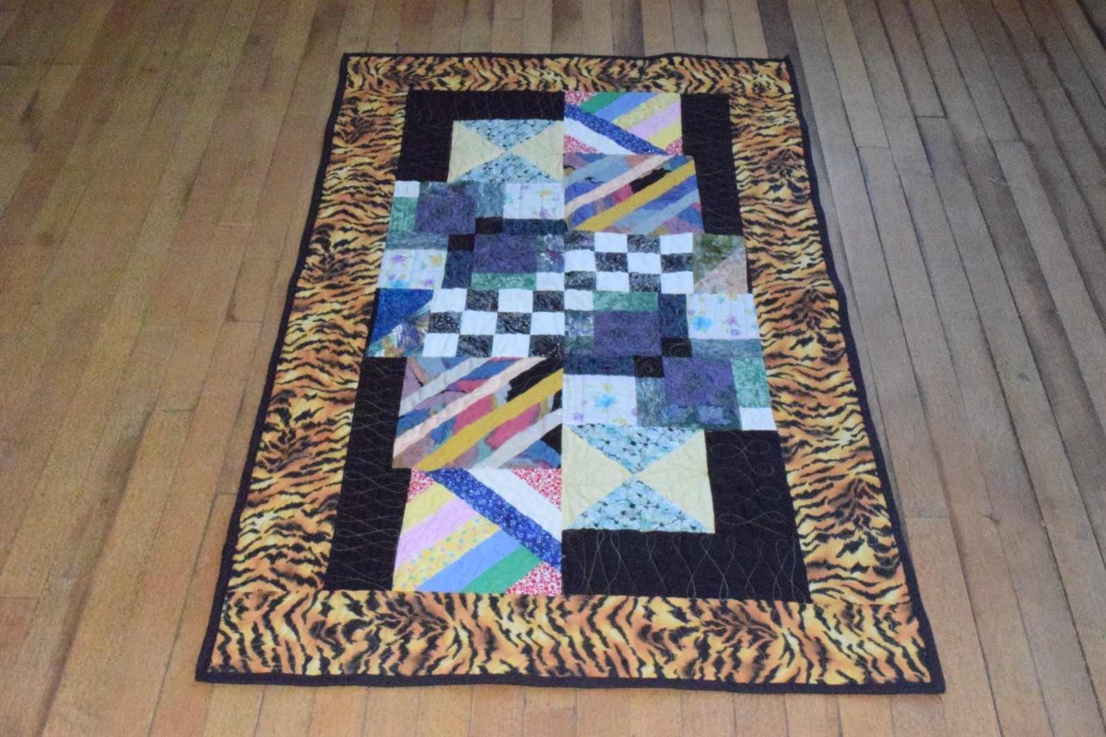 Vintage 80s 90s Bed Runner Coverlet Quilt  Black Colorful Squares 55X32In