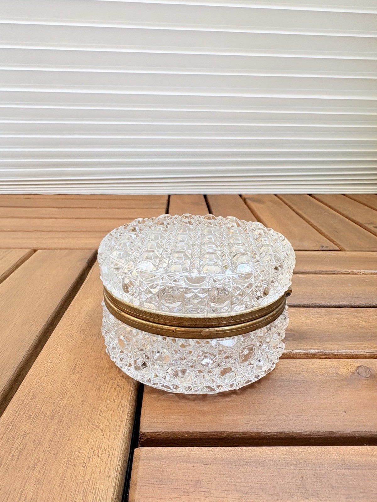 Vintage French Crystal Round Brass Hinged Casket Box Cut Glass Trinket Box