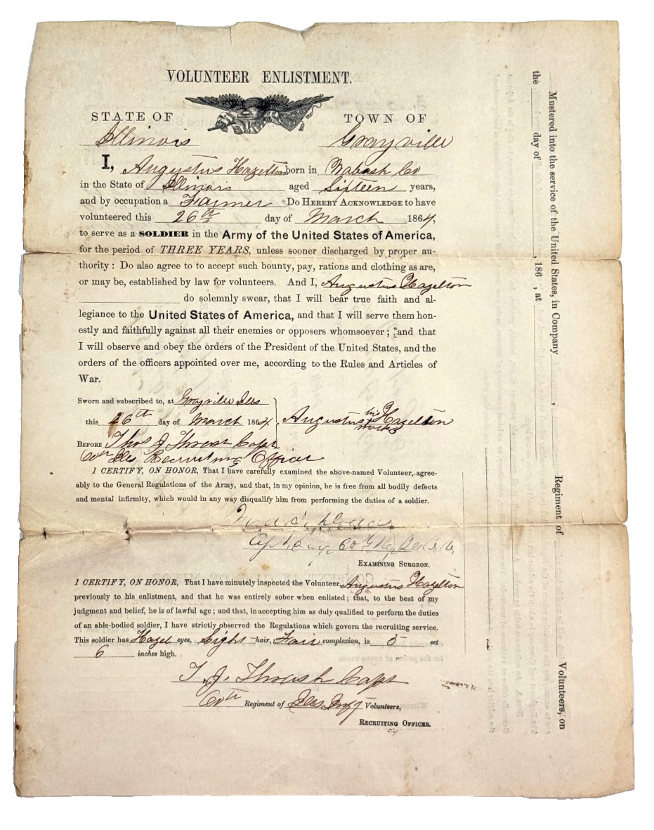 c. 1864 Civil War Enlistment Document CHILD SOLDIER Augustus Hazelton 60th UNION c. 1864 Civil War Enlistment Document CHILD SOLDIER Augustus Hazelton 60th UNION