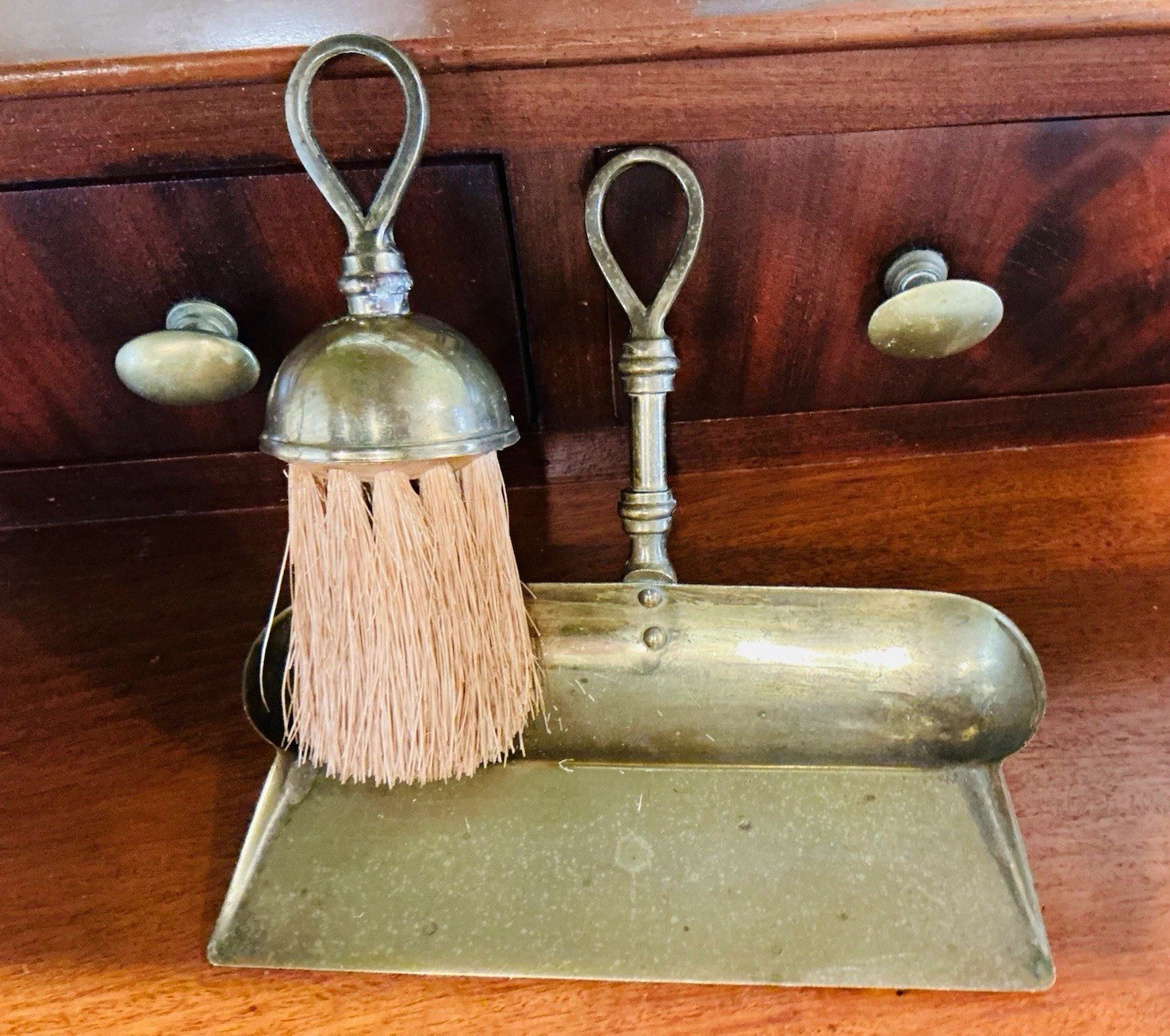 Vintage Brass Crumb Catcher Dustpan & Hand Brush Set w/ Loop Handles