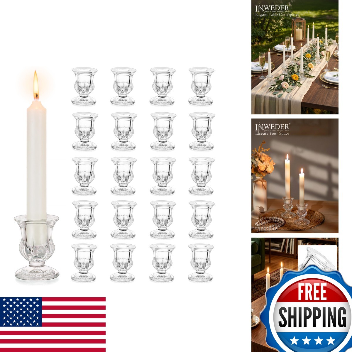 Inweder Glass Clear Candlestick Holders Bulk - Crystal Taper Inweder Glass Clear Candlestick Holders Bulk - Crystal Taper