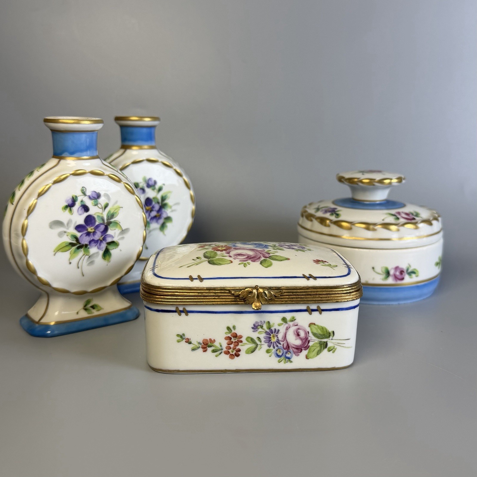Beautiful Hand Painted 4 Piece Limoges Vanity Set W/ 2 Perfume Bottles -marked