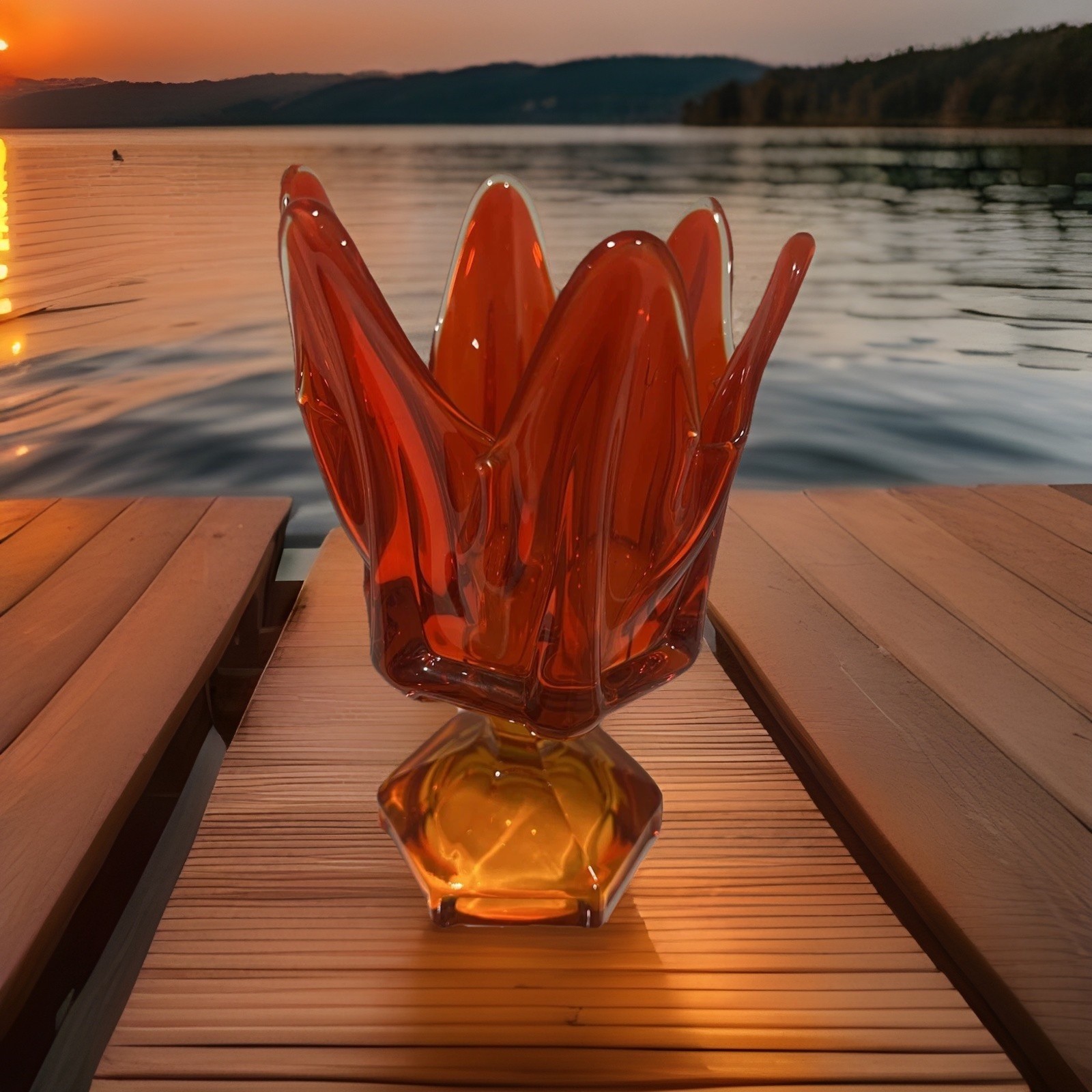 1970s Viking Glass Amberina Epic Ribbed High Swung Handkerchief Vase UV Reactive