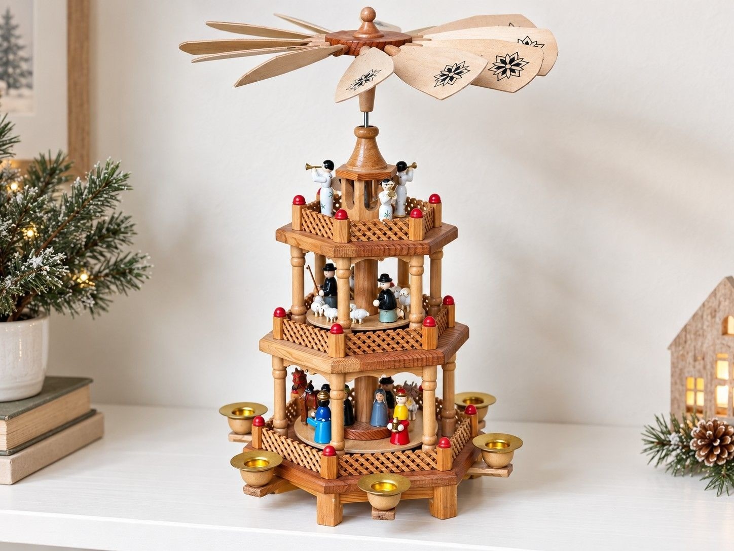 Vintage Lillian Vernon 3 Tier Wooden Christmas Nativity Pyramid Candle Carousel 