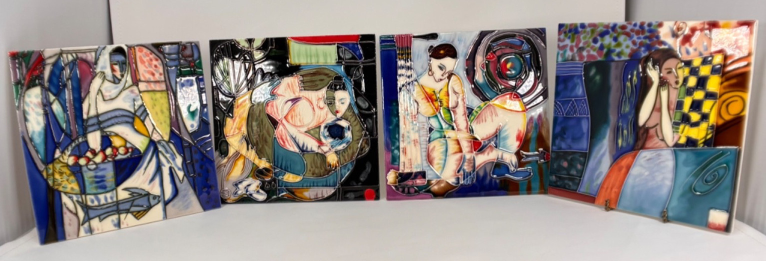 VTG Set 4 Yang Yang Cuerda Seca Enamel Glazed Tiles Women Hand-painted Abstract VTG Set 4 Yang Yang Cuerda Seca Enamel Glazed Tiles Women Hand-painted Abstract