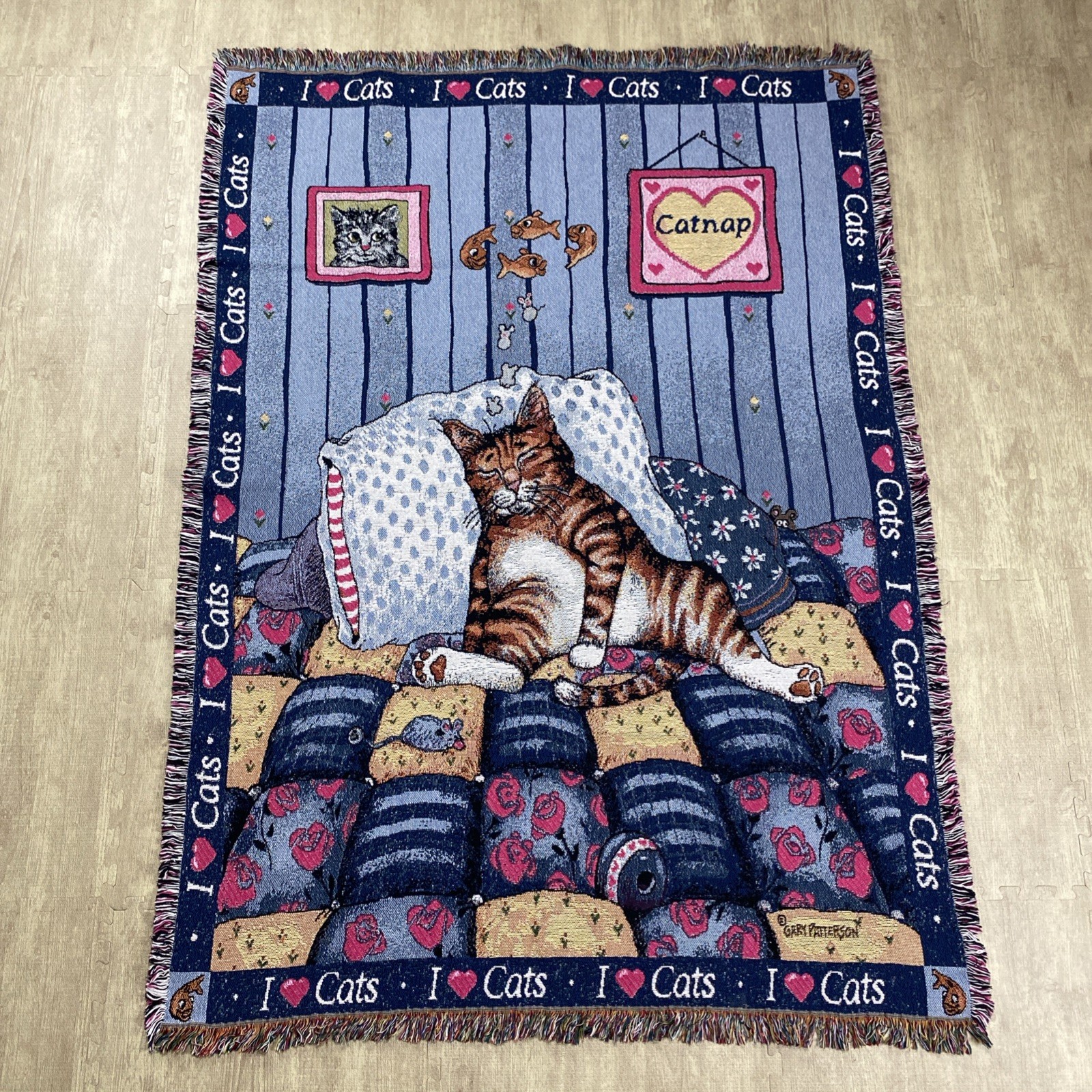 VTG GARY PATTERSON I LOVE CATS FUNNY TAPESTRY THROW BLANKET CATNAP 50\