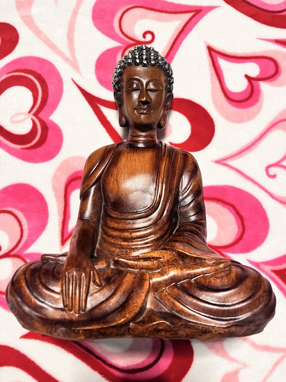 Wood Seated Buddha Statue 12” Meditation Sculpture Earth Touching Mudra Decor