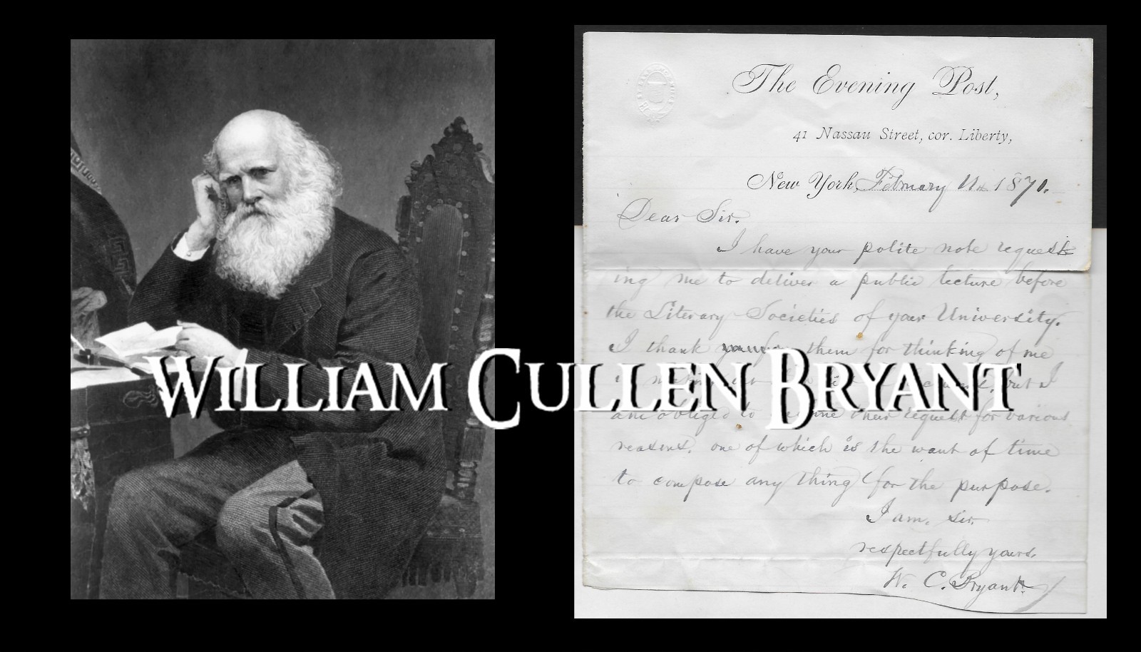 WILLIAM CULLEN BRYANT - ALS Signed Letter 1871 Autograph Evening Post Poetry COA