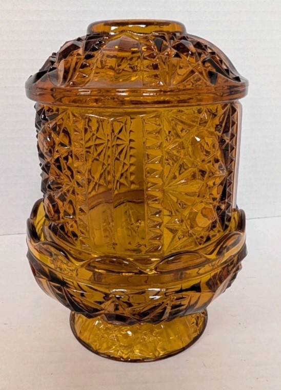 VTG 2PC. Indiana Amber Glass Large Fairy Lamp Stars & Bars 1970’s 6.5