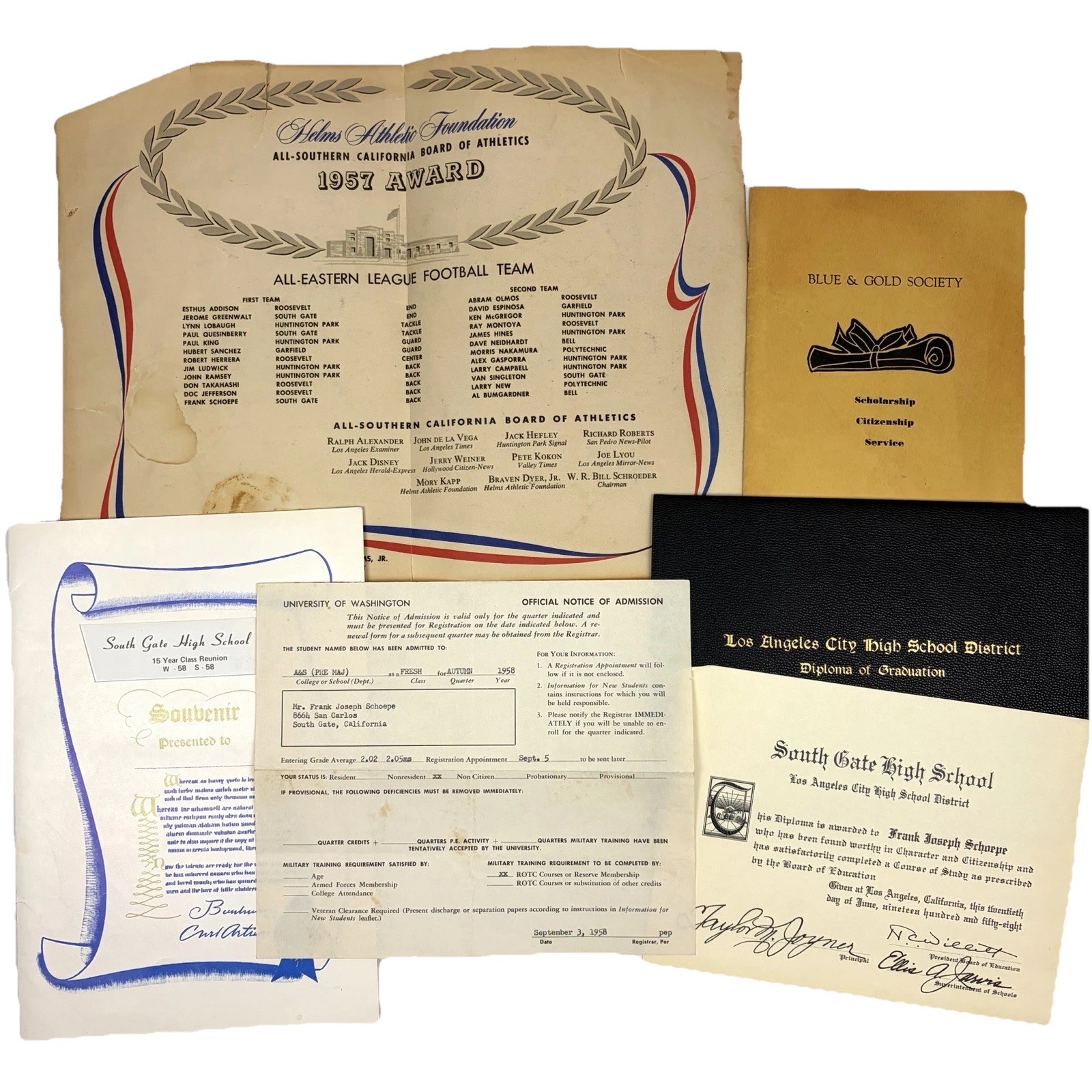 School Ephemera Personal Diplomas Certificates Football Award UW 1950’s Lot VTG