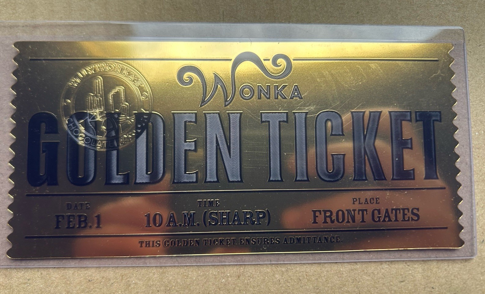 Gold Foil Plated Willy Wonka Golden Ticket With Sleeve Gold Foil Plated Willy Wonka Golden Ticket With Sleeve