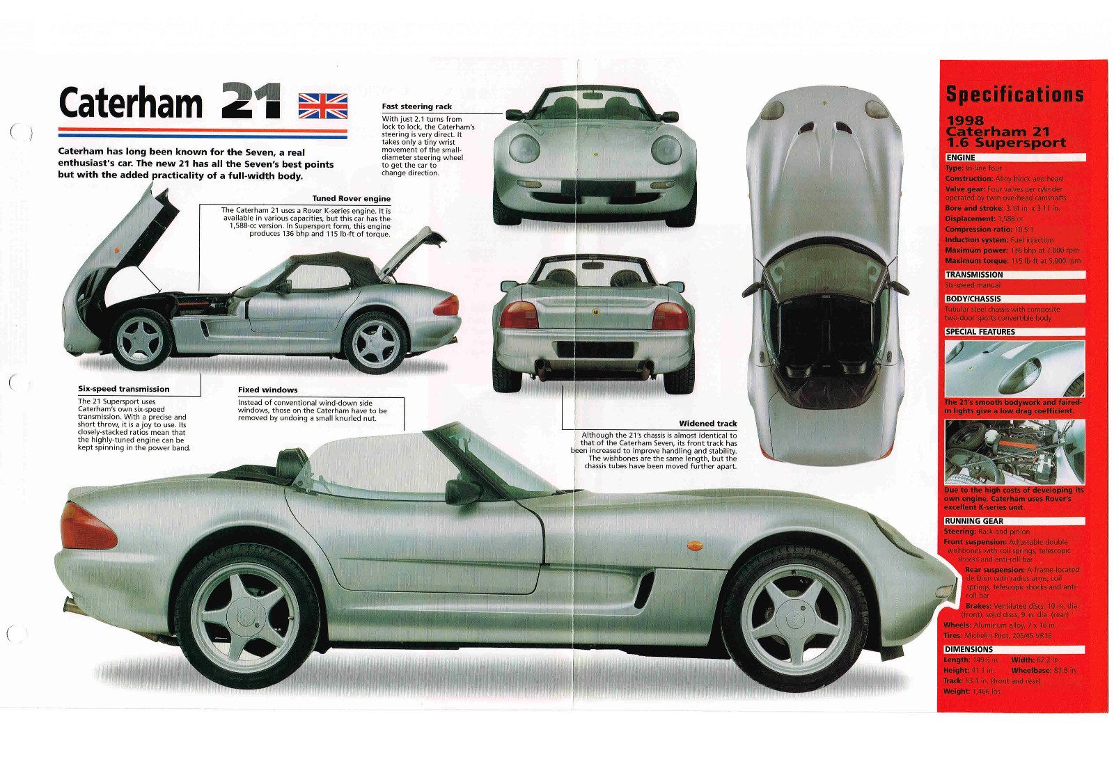 1998 CATERHAM 21 SPEC SHEET / Brochure / Pamphlet / Catalog / Photo\'s