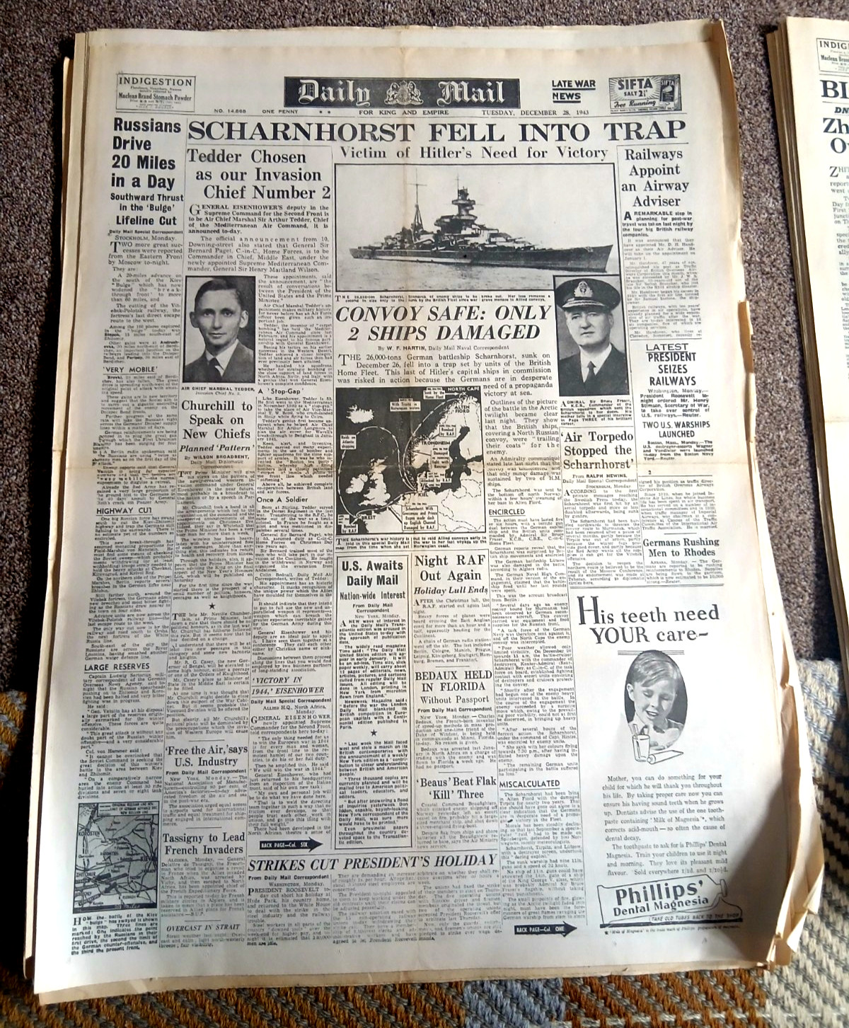 DAILY MAIL Tuesday 28 December 1943 Scharnhorst sunk WW2 world war 2 newspaper