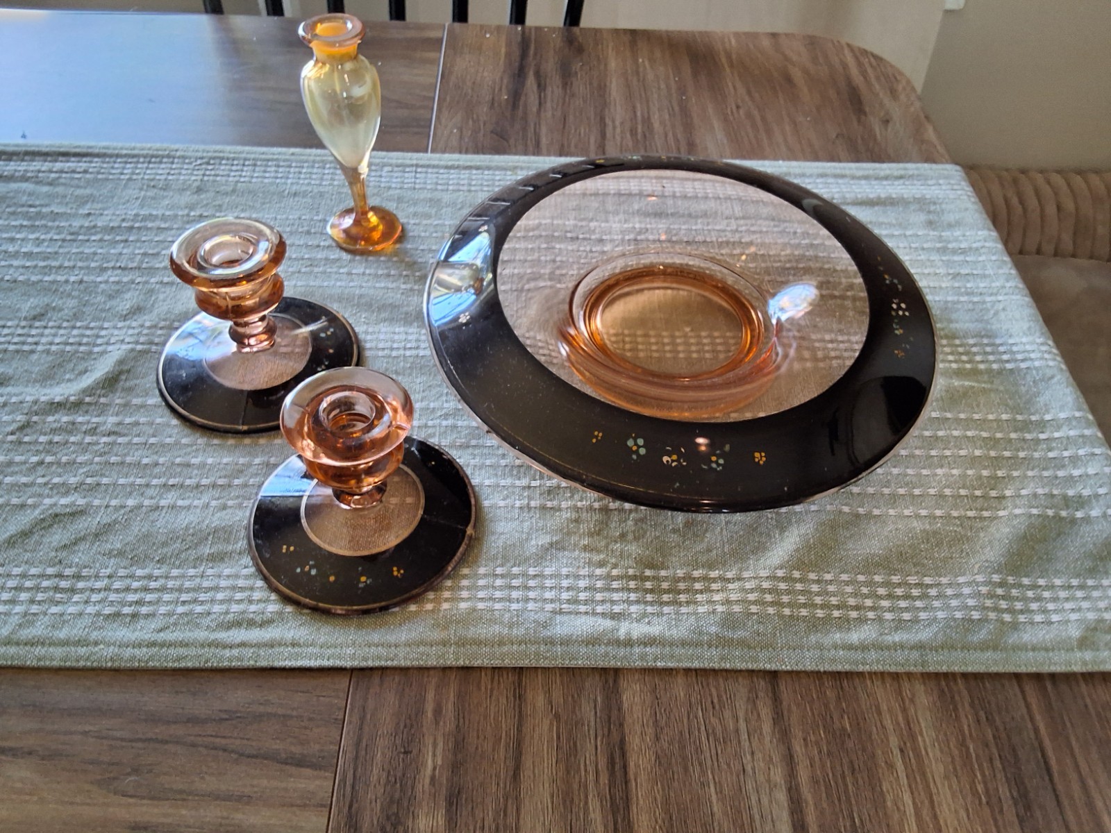 Vintage Console bowl,candle holders and Vase amber/pink art deco hand painted Vintage Console bowl,candle holders and Vase amber/pink art deco hand painted