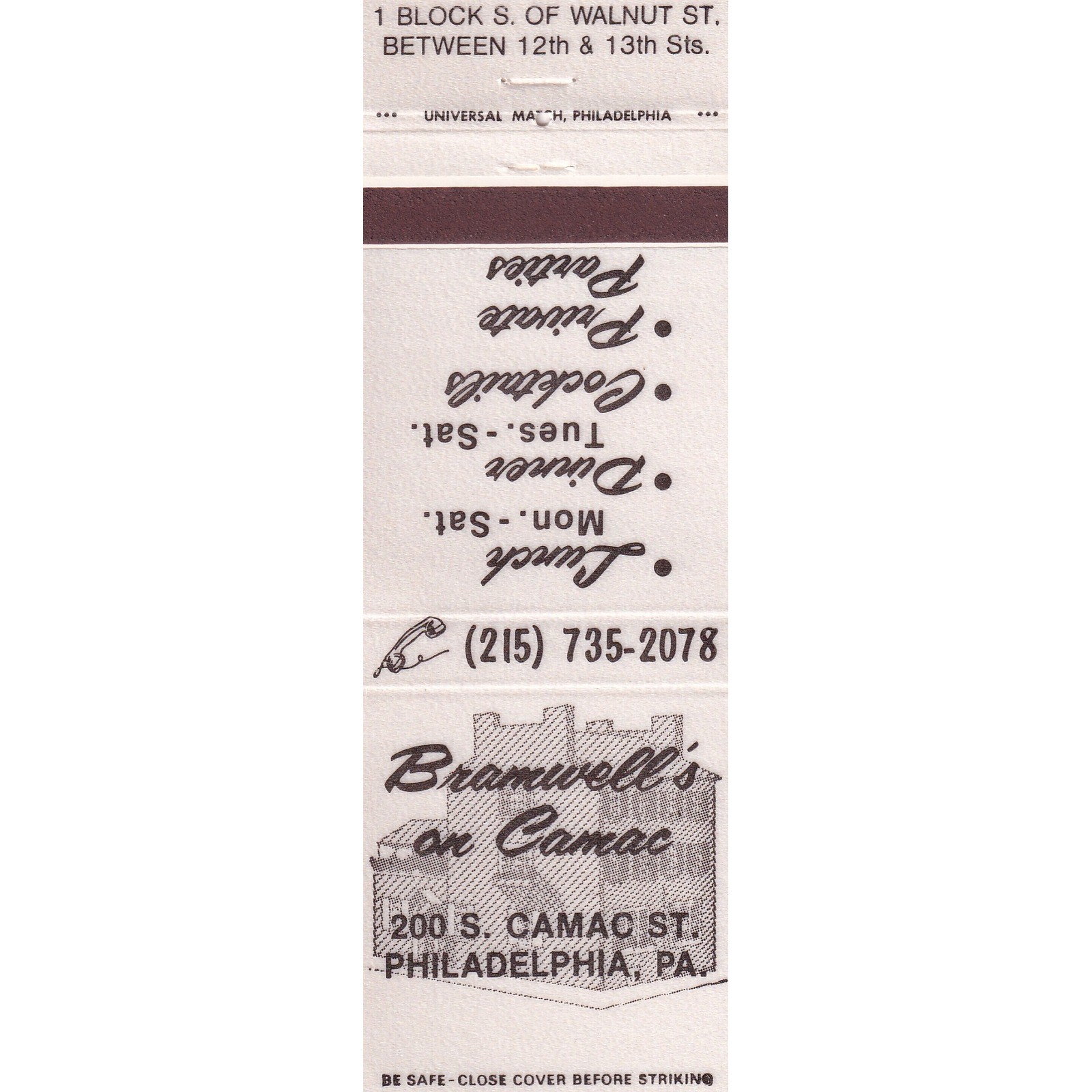 Vintage Bramwell\'s on Camac Philadelphia Matchbook Cover Universal Match Philly