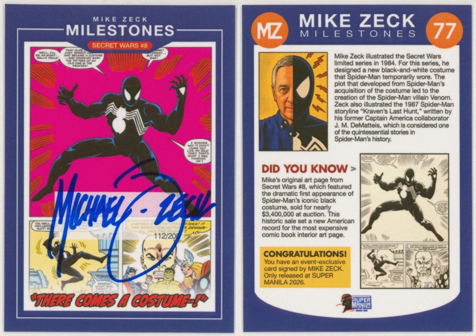 Mike Zeck SIGNED Milestones Card 2026 Super Manila Exc ~ Secret Wars #8 Art