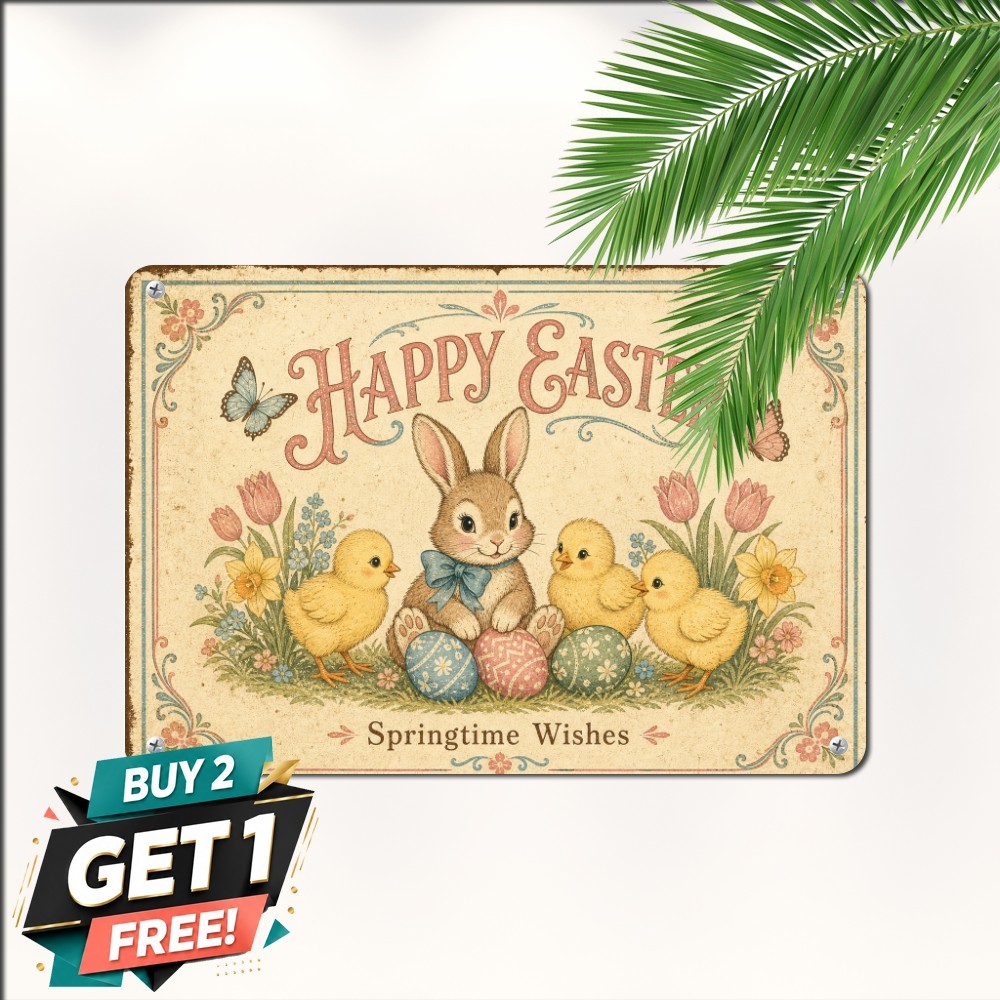 Easter Bunny Chicks Eggs Sign Cheerful Spring Holiday Tin Wall Decor Plaque