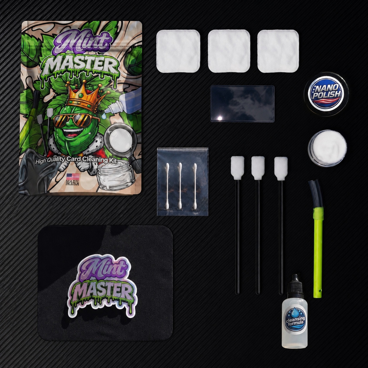 MintMaster 15-Piece Pokémon Card Care Kit – Cleaner, Polish, Swabs & Edge Tool