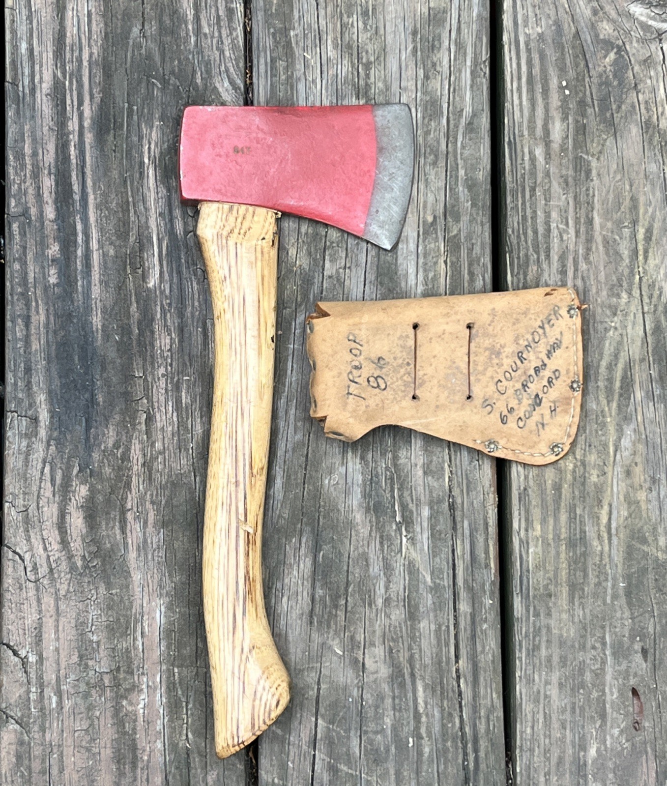 Vintage Collins? BSA Boy Scout Red Axe Hatchet & Sheath Troop 86 Concord NH 847