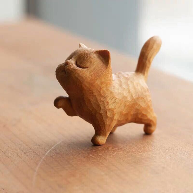 A tsundere cat -- Wooden Statue animal Carving Wood Figure Decor Children Gift