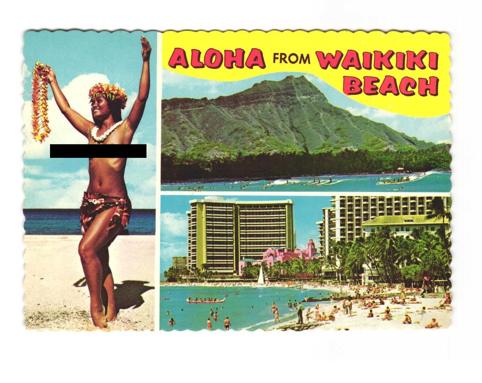 Aloha from Waikiki Beach in beautiful Hawaii vintage postcard unposted