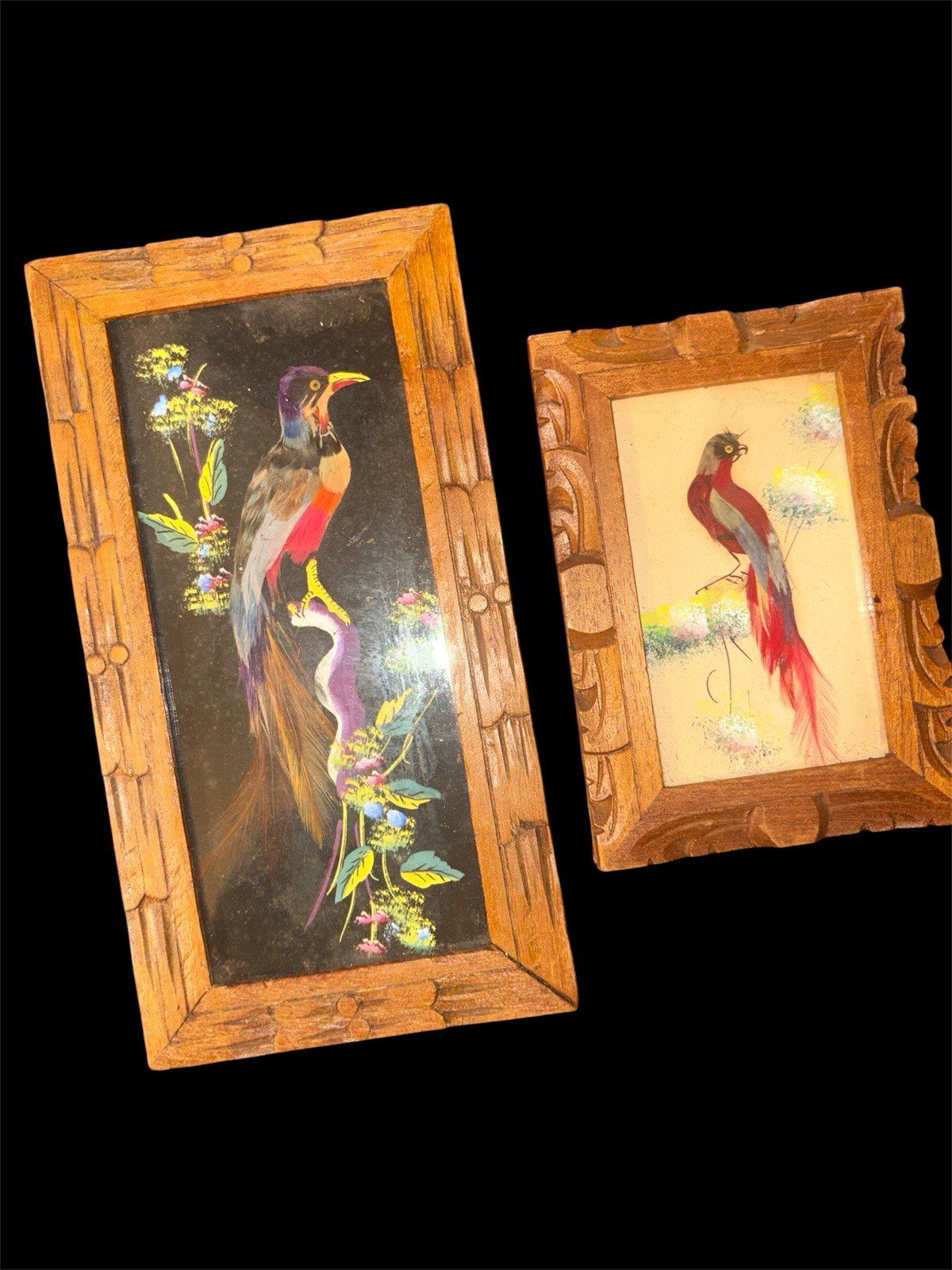 Vintage Mid-Century Mexican Feather Art Birds Framed Pictures Set 2 wood frame Vintage Mid-Century Mexican Feather Art Birds Framed Pictures Set 2 wood frame