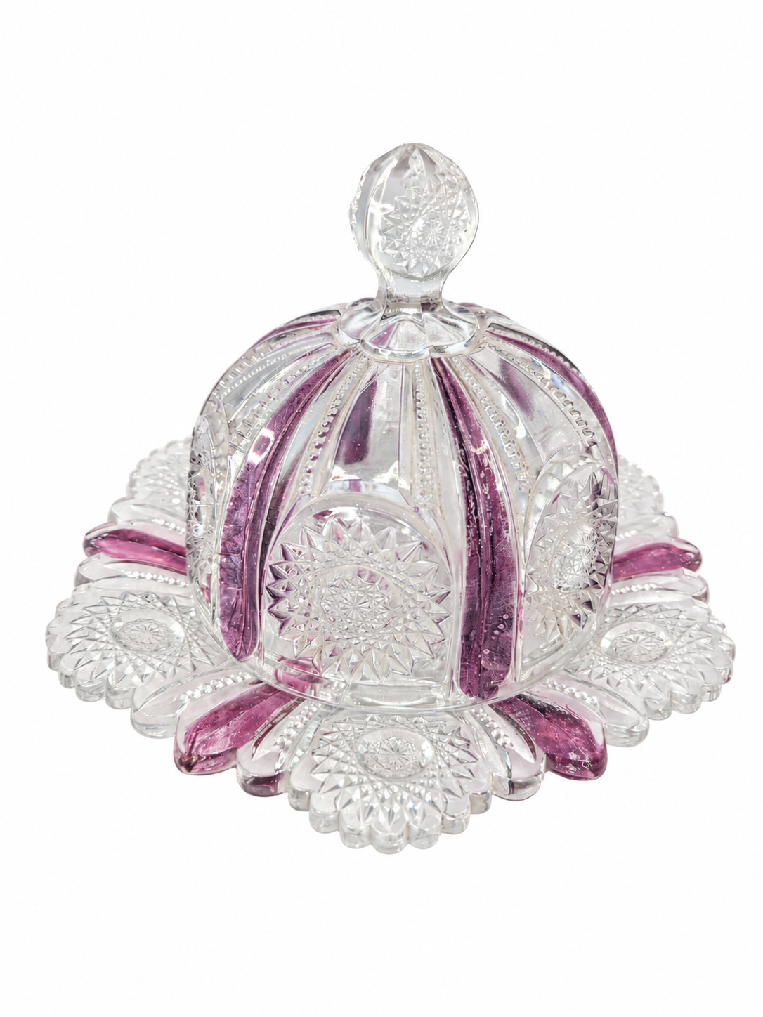 Antique Heisey #1235 Beaded Panel Sunburst Butter Dish Plum Flash EAPG c1900