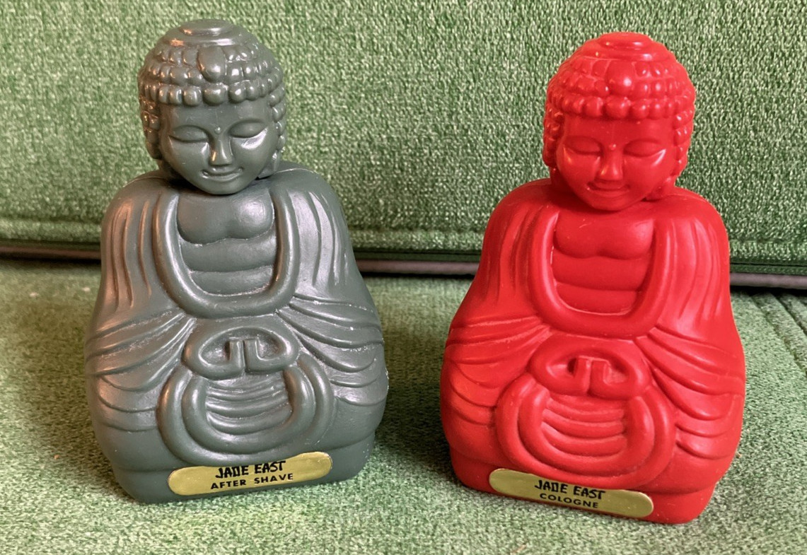 VTG Swank Buddha Cologne Plastic Bottles Red Green Jade East Cologne Set