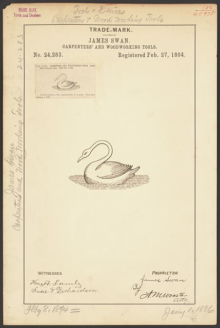 James Swan Swan Logo Carpentry Woodworking Tools Trade Mark 1894 Patent