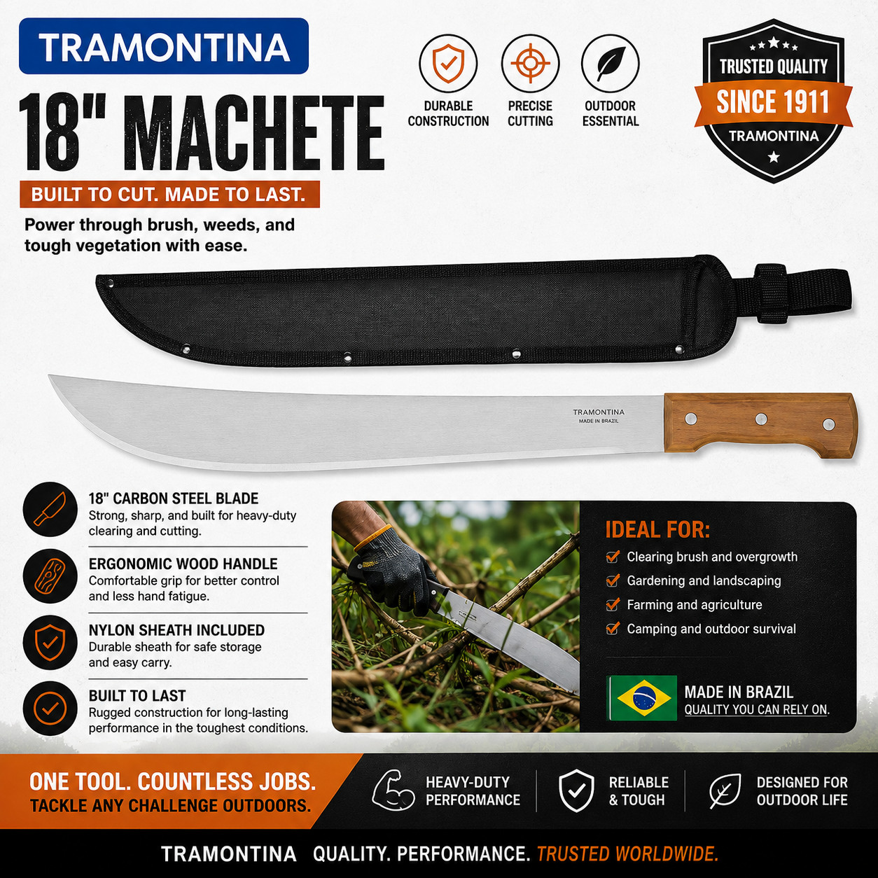 Tramontina 18 in. Machete w/ Carbon Steel Blade & Wood Handle with Nylon Sheath Tramontina 18 in. Machete w/ Carbon Steel Blade & Wood Handle with Nylon Sheath