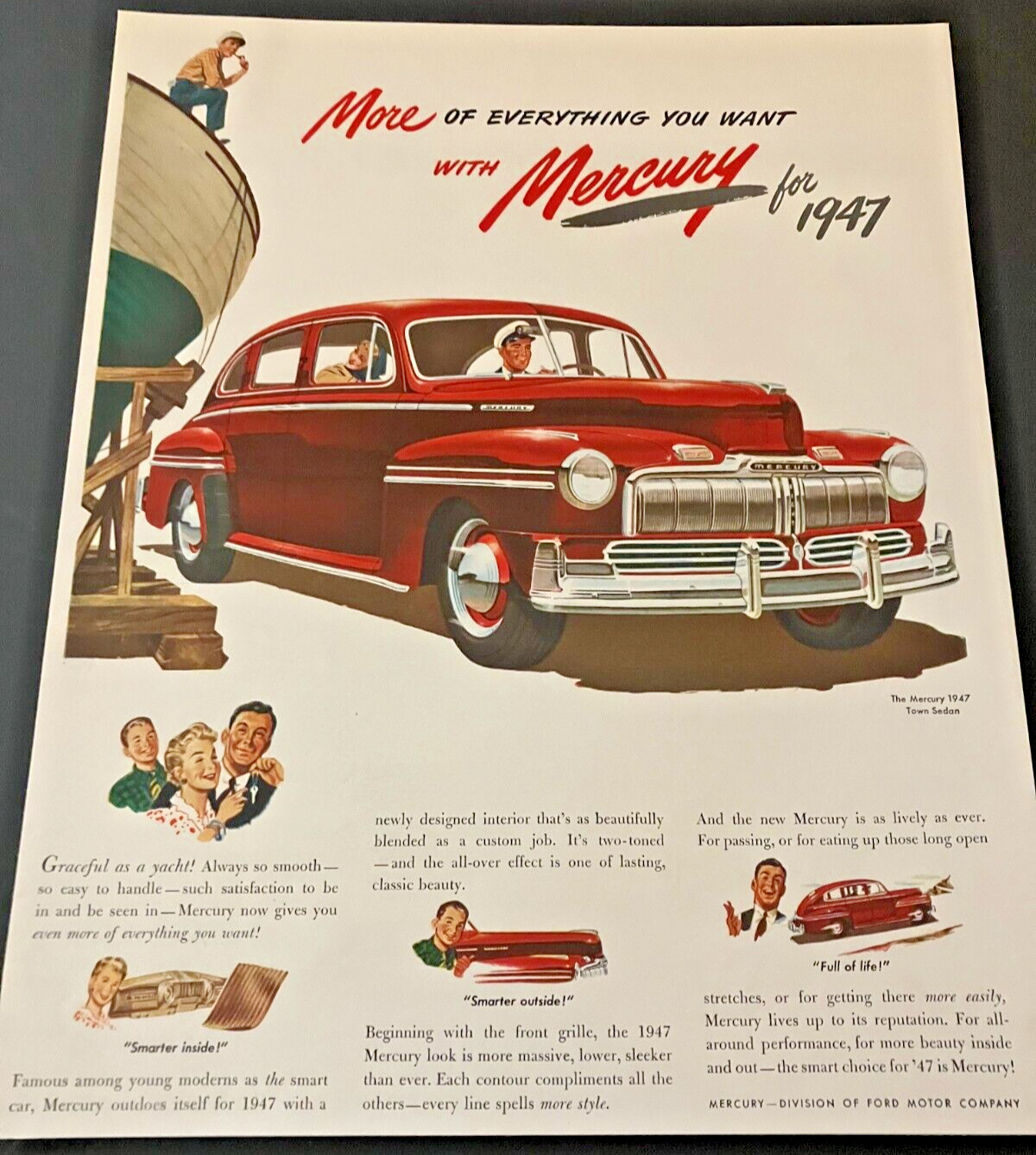 Red 1947 Mercury Sedan - Vintage Original Illustrated Color Print Ad / Wall Art