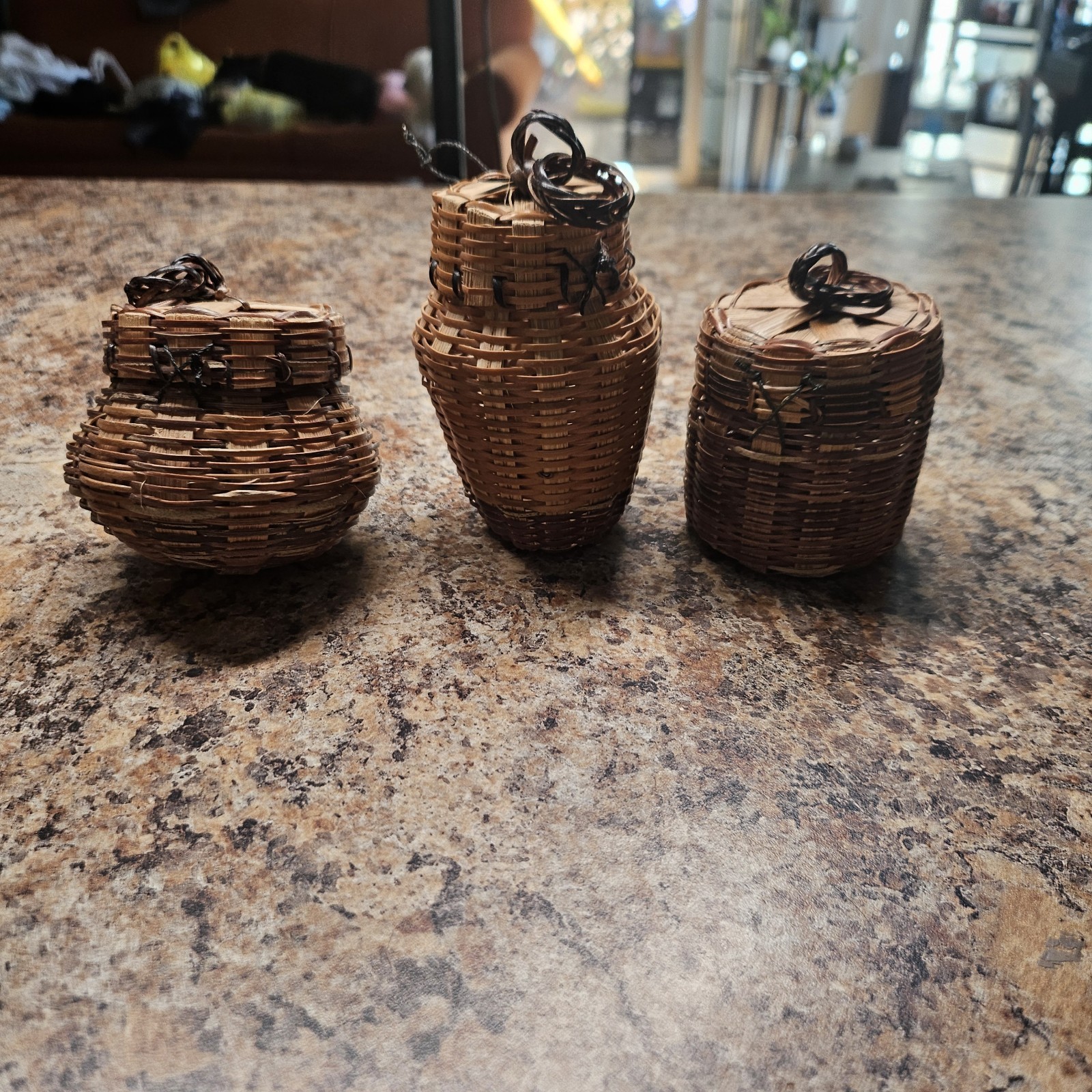 Set Of Three Tiny Woven Baskets All With Lids Good For Miniatures