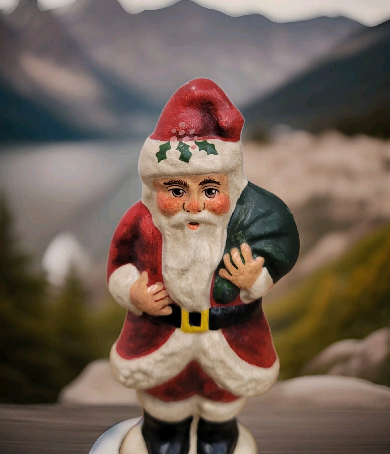 Vaillancourt Santa Figurine Signed With Toy Bag And Holly On Hat Folk Art