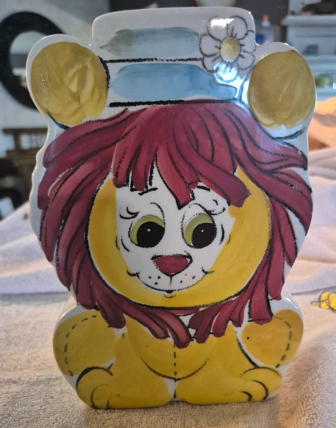 Vintage Ceramic Lion Piggy Bank Hand Painted 1970s Kitsch Retro Nursery Decor