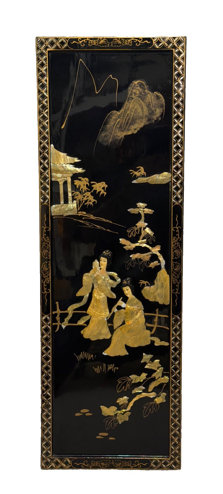 Geisha Black Lacquer Japanese Mother Of Pearl Wall Art Panel Floral 36''X12' MCM Geisha Black Lacquer Japanese Mother Of Pearl Wall Art Panel Floral 36''X12' MCM
